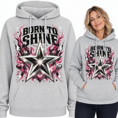 Bluza damska z kapturem „Born to Shine” - srebrna gwiazda w różowych płomieniach