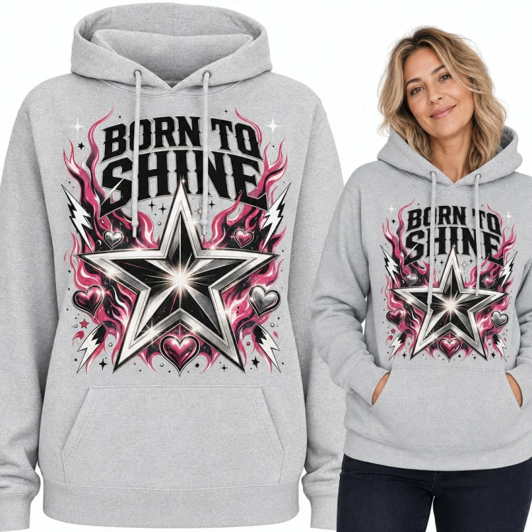 Bluza damska z kapturem „Born to Shine” - srebrna gwiazda w różowych płomieniach
