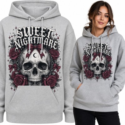Bluza damska z kapturem - gotycka czaszka z różami i kokardą „Sweet Nightmare”