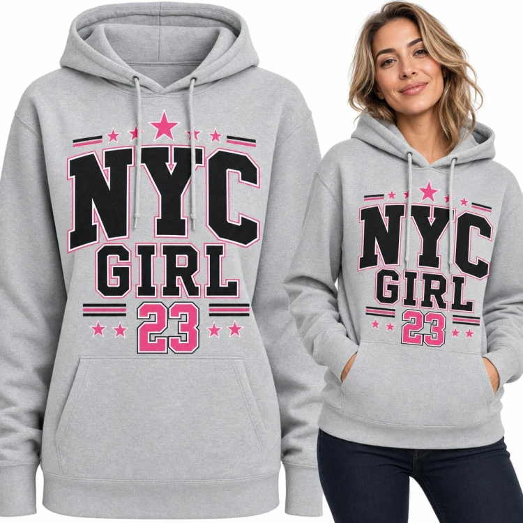 Bluza damska z kapturem „NYC Girl 23” - styl college z różowymi gwiazdkami
