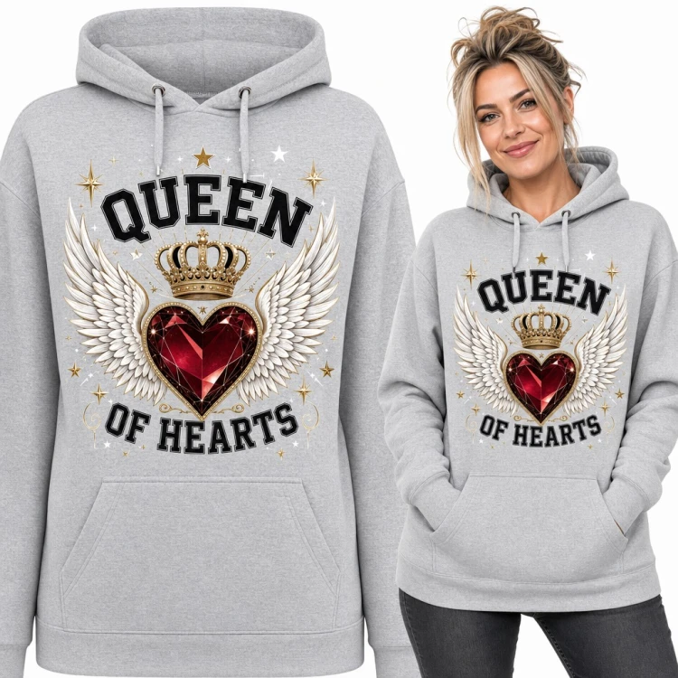 Bluza damska z kapturem „Queen of Hearts” - rubinowe serce ze skrzydłami i koroną