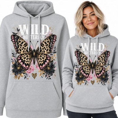 Bluza damska z kapturem - motyl w panterkę „Wild butterfly” z kwiatami