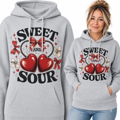 Bluza damska z kapturem - wiśnie w kształcie serc z kokardkami „Sweet and sour”