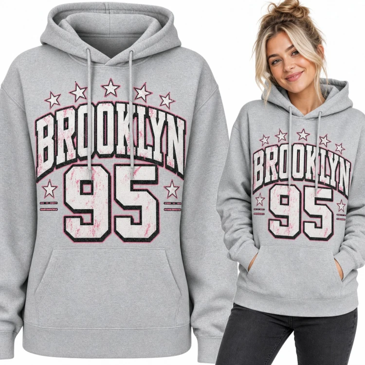 Bluza damska z kapturem „Brooklyn 95” - styl college z gwiazdkami