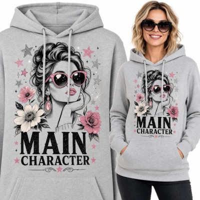 Bluza damska z kapturem „Main Character” - kobieta w różowych okularach wśród kwiatów i gwiazdek