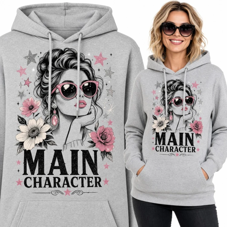 Bluza damska z kapturem „Main Character” - kobieta w różowych okularach wśród kwiatów i gwiazdek