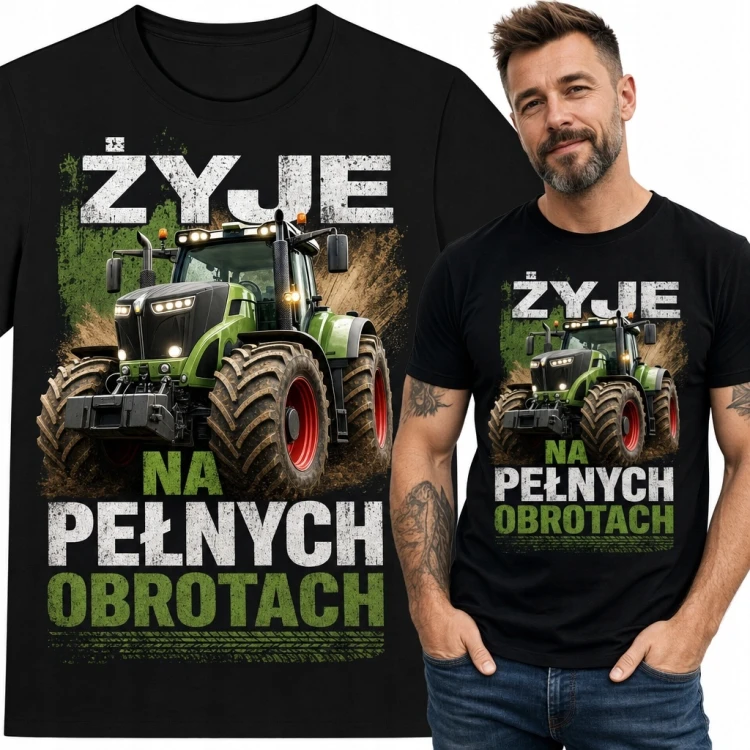 Koszulka męska z ciągnikiem „Żyję na pełnych obrotach” - dla rolnika