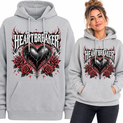 Bluza damska z kapturem „Heartbreaker” - pęknięte czarne serce i czerwone róże w stylu metal