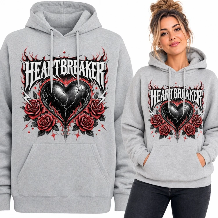 Bluza damska z kapturem „Heartbreaker” - pęknięte czarne serce i czerwone róże w stylu metal