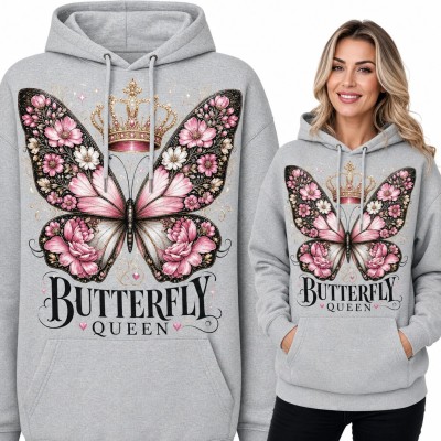Bluza damska z kapturem - motyl w kwiatach ze złotą koroną „Butterfly Queen”