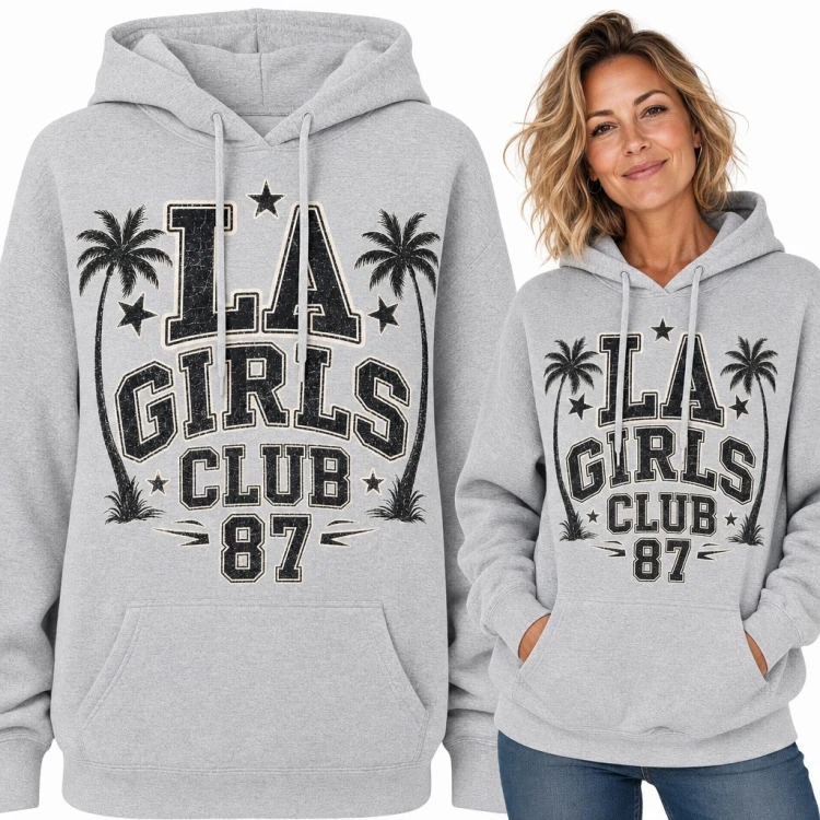 Bluza damska z kapturem „LA Girls Club 87” - palmy i gwiazdki w stylu college
