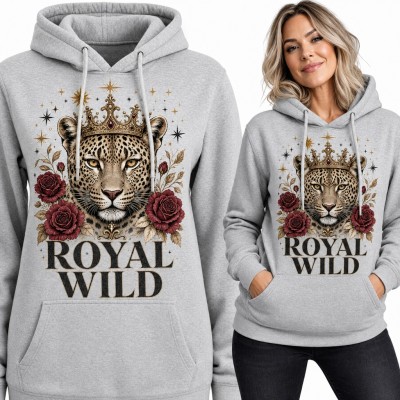 Bluza damska z kapturem - lampart w koronie i róże „Royal Wild”