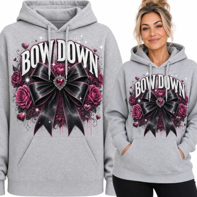Bluza damska z kapturem - czarna kokarda z sercem i różami „Bow Down”