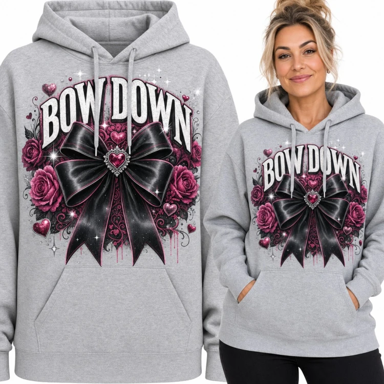 Bluza damska z kapturem - czarna kokarda z sercem i różami „Bow Down”