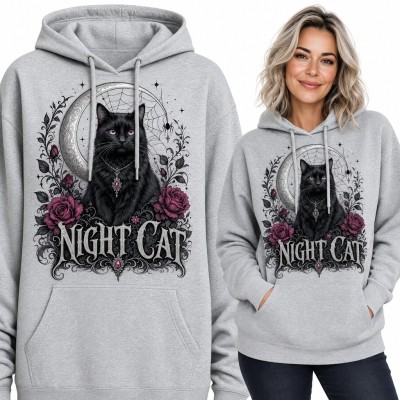 Bluza damska z kapturem „Night Cat” - gotycki czarny kot z półksiężycem i różami
