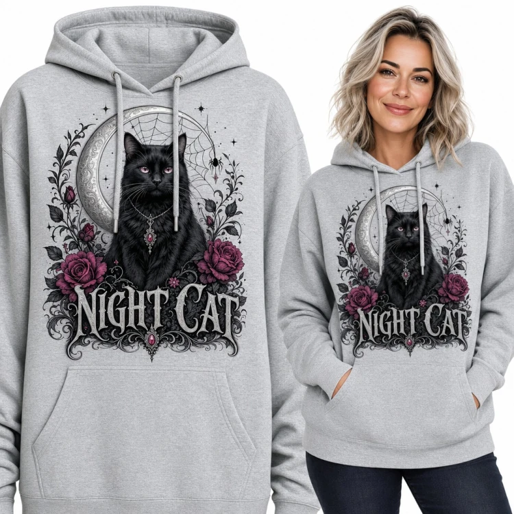 Bluza damska z kapturem „Night Cat” - gotycki czarny kot z półksiężycem i różami
