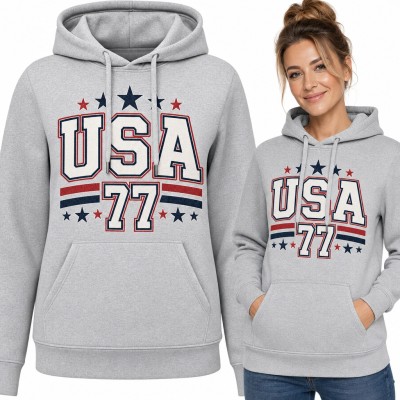 Bluza damska z kapturem - „USA 77” w stylu college z gwiazdkami