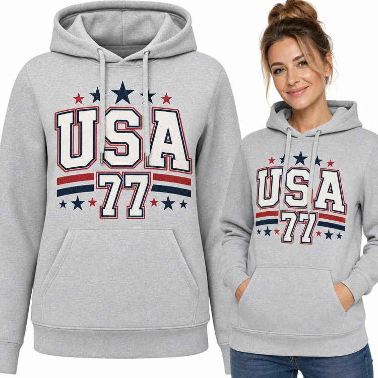 Bluza damska z kapturem - „USA 77” w stylu college z gwiazdkami