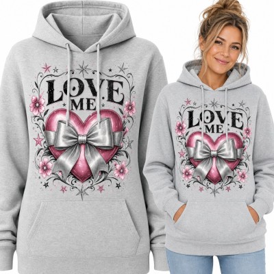 Bluza damska z kapturem - różowe serce z kokardą i napisem „Love Me”