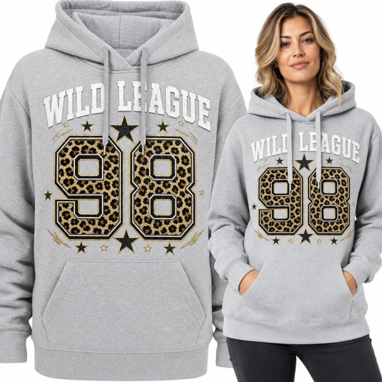 Bluza damska z kapturem „Wild League 98” - numer w panterkę i gwiazdy