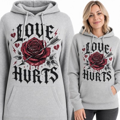 Bluza damska z kapturem „Love Hurts” - czerwona róża przebita strzałą