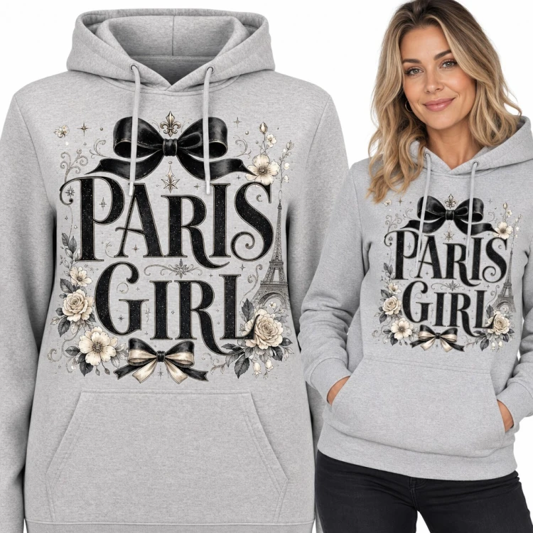 Bluza damska z kapturem „Paris Girl” - wieża Eiffla, czarne kokardy i róże