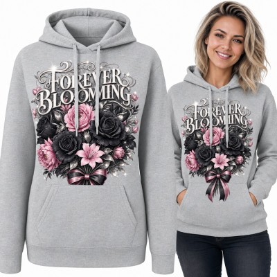 Bluza damska z kapturem „Forever Blooming” - bukiet czarnych róż i różowych piwonii