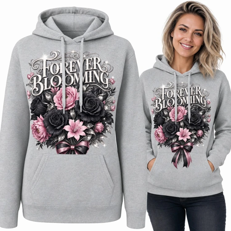 Bluza damska z kapturem „Forever Blooming” - bukiet czarnych róż i różowych piwonii