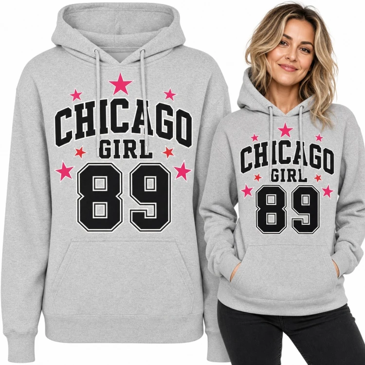 Bluza damska z kapturem - „Chicago Girl 89” w stylu college z różowymi gwiazdkami