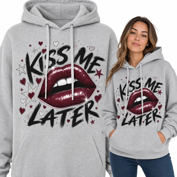 Bluza damska z kapturem „Kiss me later” - brokatowe bordowe usta i serca