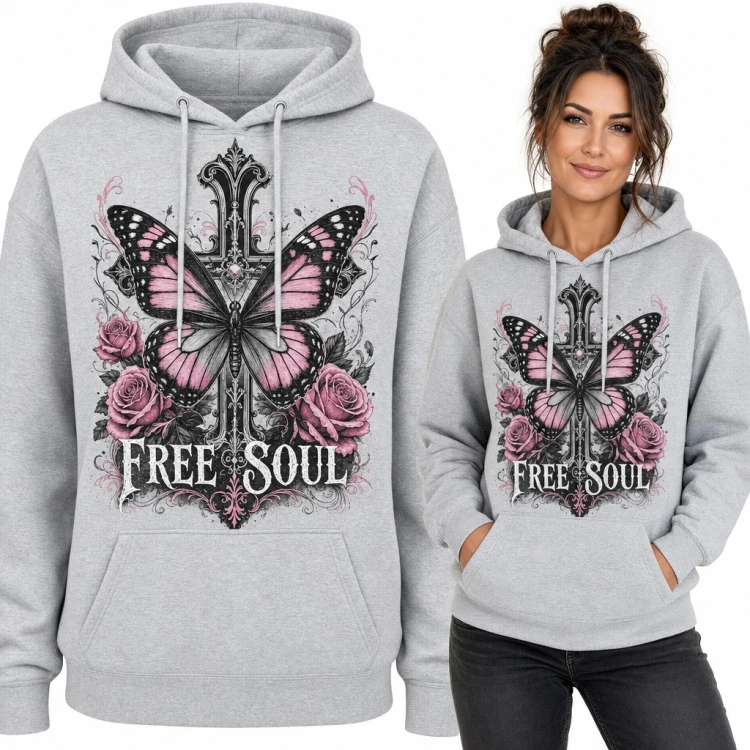 Bluza damska z kapturem - różowy motyl na gotyckim krzyżu „Free Soul”
