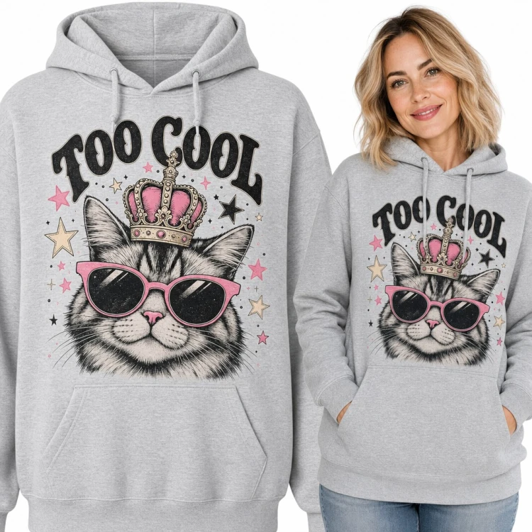 Bluza damska z kapturem - kot w koronie i różowych okularach „Too cool”