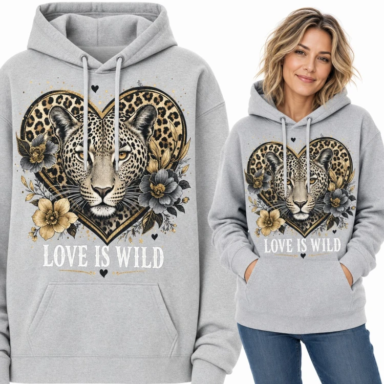Bluza damska z kapturem - lampart w panterkowym sercu z kwiatami „Love is wild”