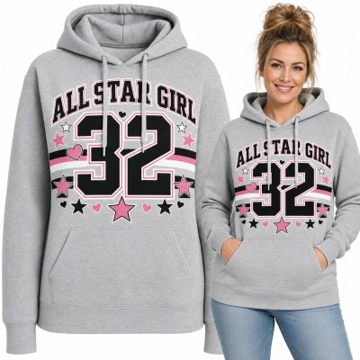 Bluza damska z kapturem „All Star Girl 32” - styl college z różowymi gwiazdkami