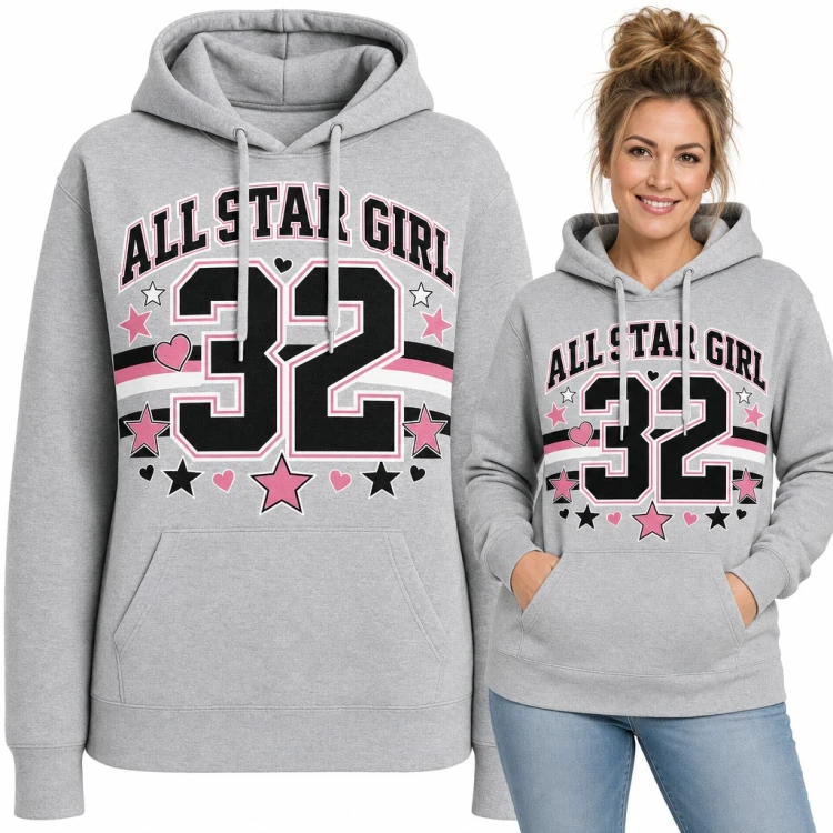 Bluza damska z kapturem „All Star Girl 32” - styl college z różowymi gwiazdkami
