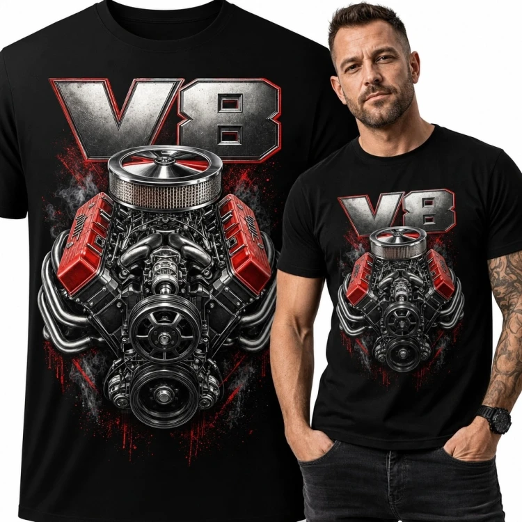 Koszulka męska z silnikiem „V8” - motoryzacyjny nadruk