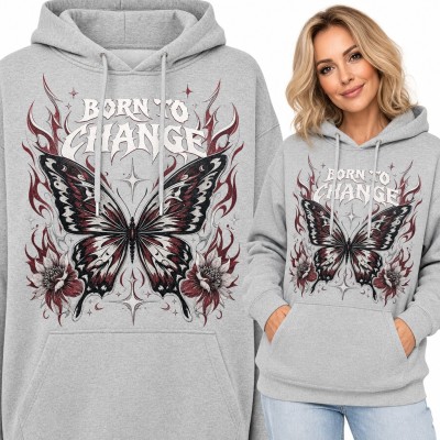 Bluza damska z kapturem - motyl w płomieniach „Born to change”
