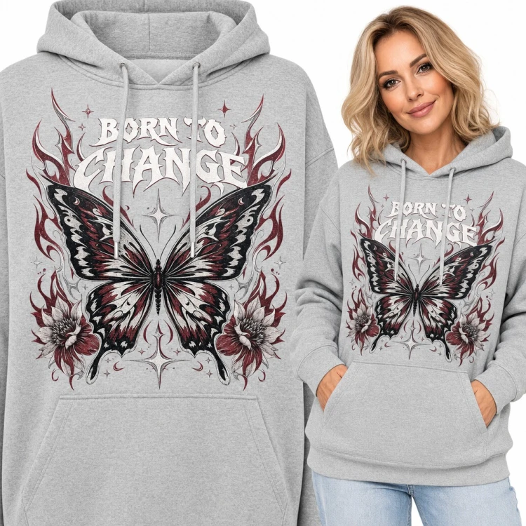 Bluza damska z kapturem - motyl w płomieniach „Born to change”