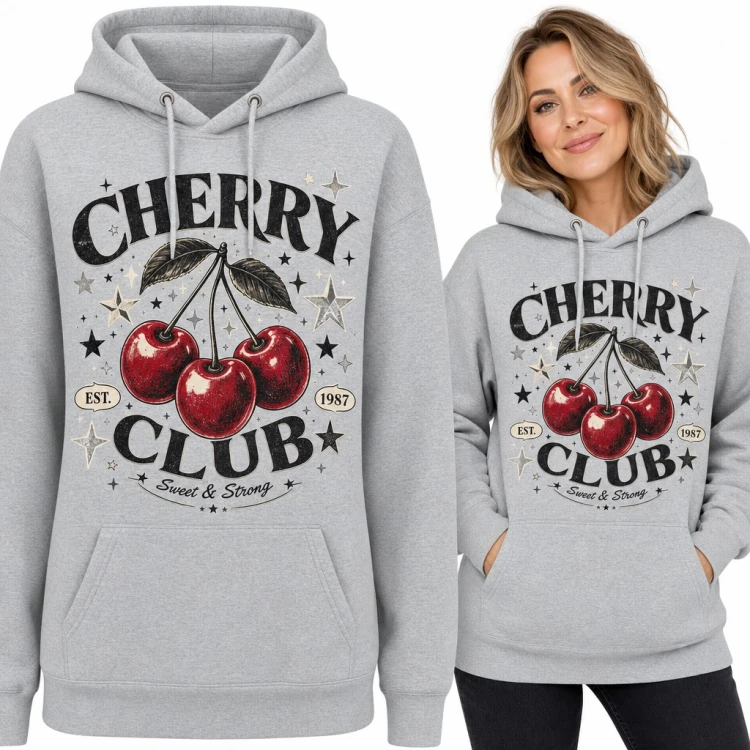 Bluza damska z kapturem - „Cherry club” z retro wiśniami i gwiazdkami