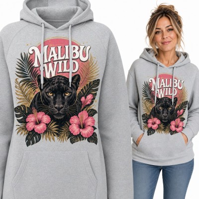 Bluza damska z kapturem „Malibu Wild” - czarna pantera wśród hibiskusów