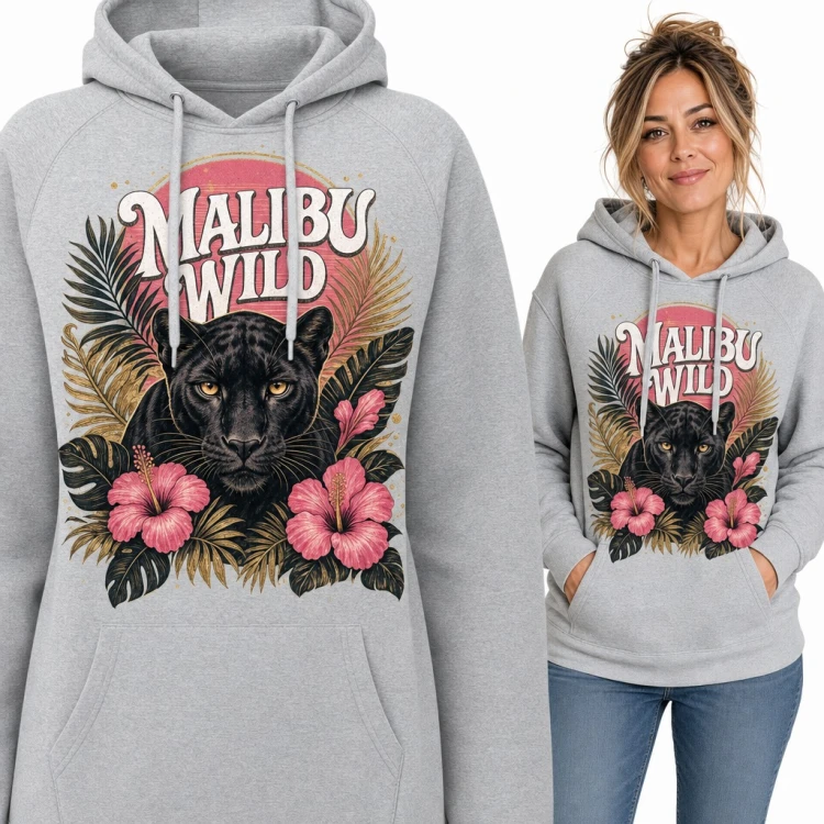 Bluza damska z kapturem „Malibu Wild” - czarna pantera wśród hibiskusów