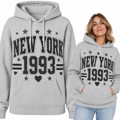 Bluza damska z kapturem „New York 1993” - styl college z gwiazdkami i sercami
