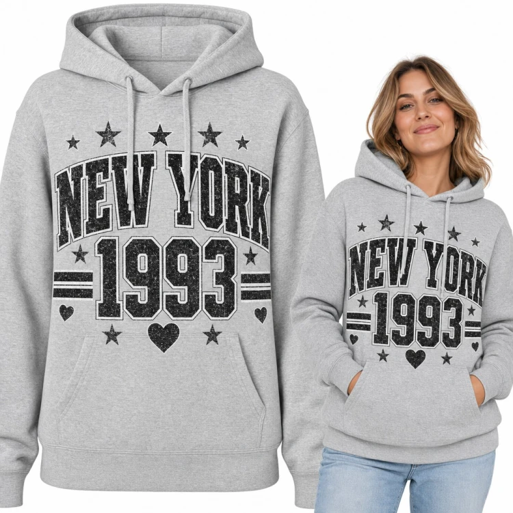 Bluza damska z kapturem „New York 1993” - styl college z gwiazdkami i sercami