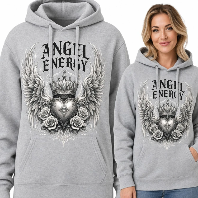 Bluza damska z kapturem - „Angel energy” anielskie skrzydła, serce z koroną i róże
