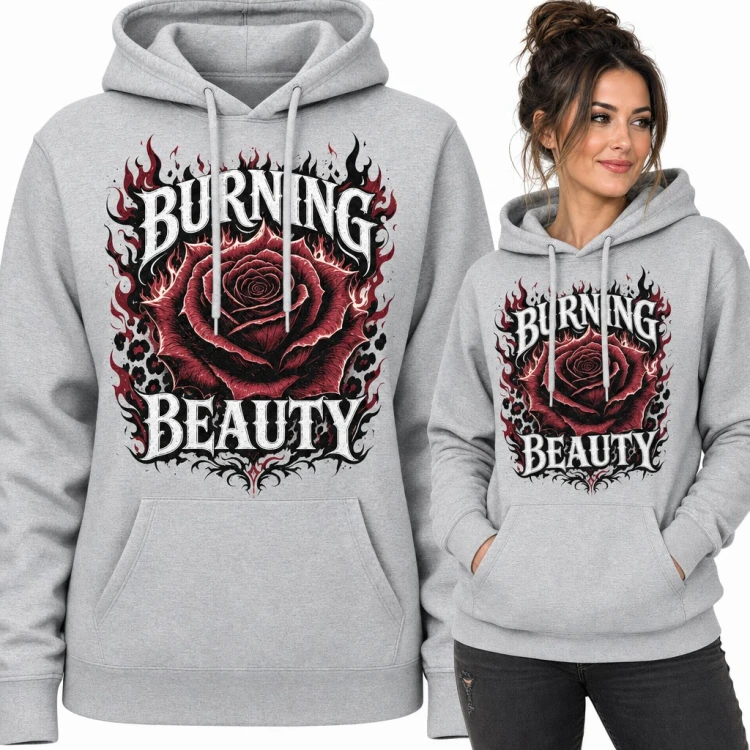 Bluza damska z kapturem - płonąca róża w gotyckich płomieniach „Burning Beauty”