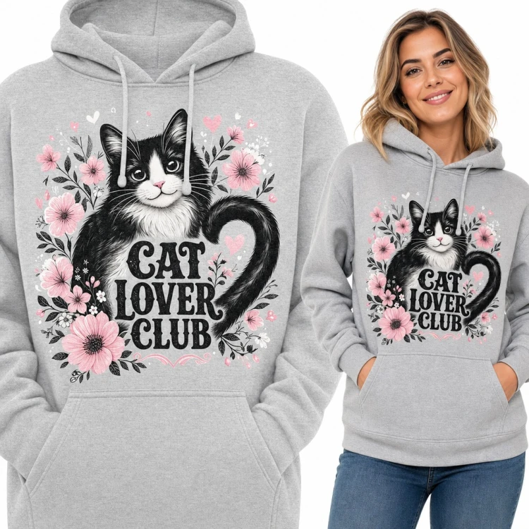 Bluza damska z kapturem - kot tuxedo w różowych kwiatach „Cat lover club”