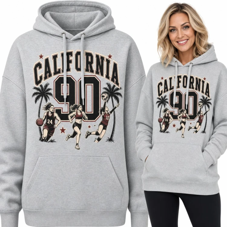 Bluza damska z kapturem „California 90” - koszykarka, biegaczka i siatkarka wśród palm