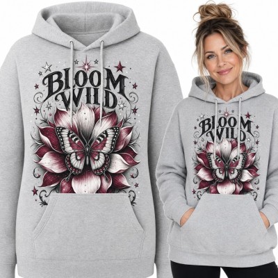 Bluza damska z kapturem „Bloom wild” - motyl na bordowym kwiecie lotosu