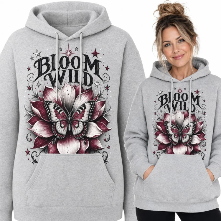 Bluza damska z kapturem „Bloom wild” - motyl na bordowym kwiecie lotosu