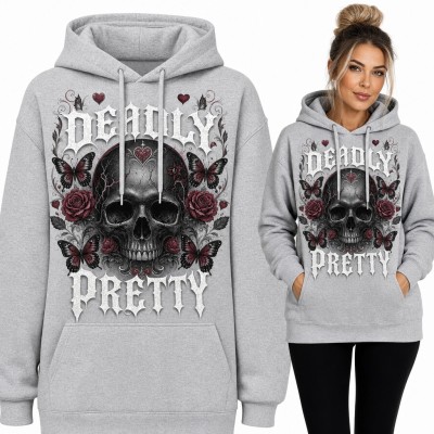 Bluza damska z kapturem „Deadly pretty” - gotycka czaszka w bordowych różach i motylach